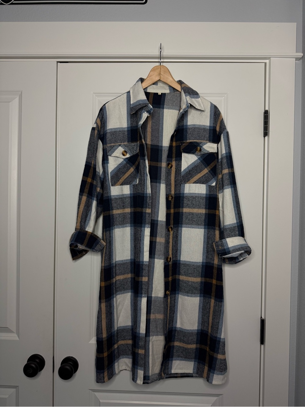 Plaid Long Shacket Jacket - Blue, White & Tan